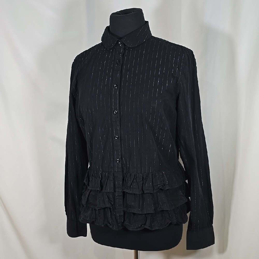 BROOKS BROTHERS Metallic Thread Striped Ruffled Hem Button Down Top Cotton